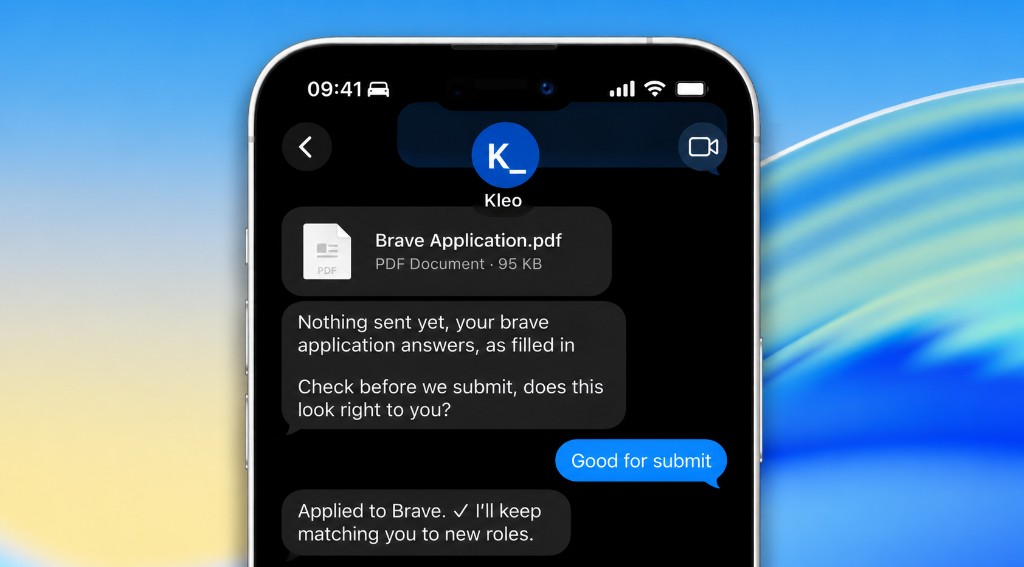 iMessage conversation with Kleo confirming a Brave application