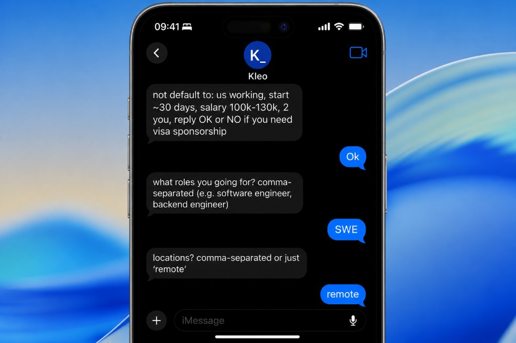 iMessage conversation with Kleo setting up a job search