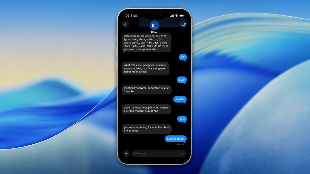 iMessage conversation with Kleo setting up a job search